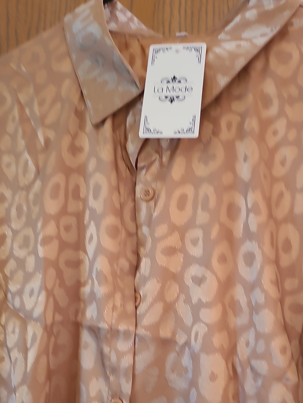 LaMode Beige Animal-Print Satin Button-Down Shirt